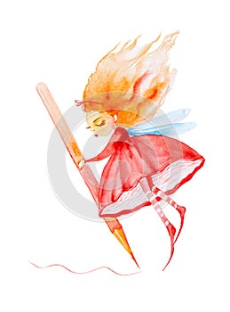 Fairy girl in a red dress and striped stockings,with red hair developing in the wind holds a huge pencil and draws. Watercolor