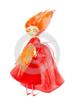 Fairy girl in a red dress and striped stockings,with red hair developing in the wind hugs her mother fairy. Watercolor