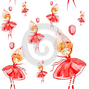 Fairy girl with red hair developing in the wind flies holding a balloon. Watercolor illustration isolated on white background.