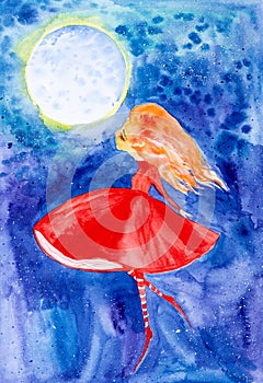 A fairy girl with red hair and a red dress with her eyes closed hovers over the blue night sky against the full moon. Watercolor