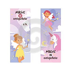 Fairy girl vector magic faery character and fantasy beautiful princess cartoon unicorn of fairy-tale in fairyland