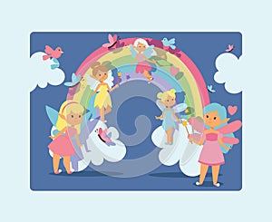 Fairy girl vector magic faery character and fantasy beautiful princess cartoon unicorn of fairy-tale in rainbow