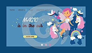 Fairy girl vector web landing page magic faery character and fantasy beautiful princess cartoon unicorn of fairy-tale in