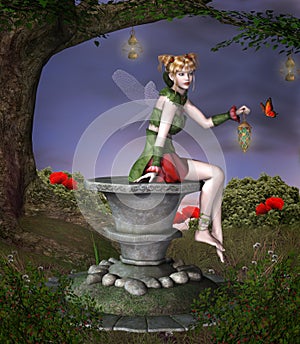 Fairy in a green dress on a pedestal