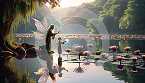 Fairy Guiding Child by Tranquil Lotus Pond at Twilight