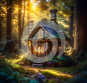Fairy house in the forest. Dwarfish home in middle of the fantasy magic woodland.