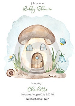 Watercolor baby shower with fairy house mushroom, snail, flowers, butterfly