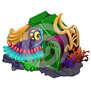 Fairy house with ornament in the form of underwater plants and inhabitants isolated on a white background. Vector