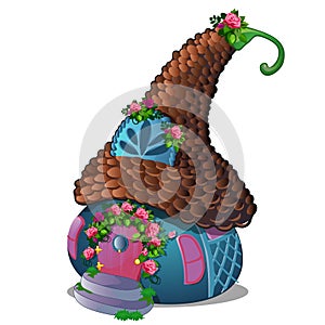 Fairy house with a roof of brown tiles and ornament in the form of buds of roses isolated on a white background. Vector
