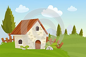 Fairy house from stone, landscape with wooden fence, grass, trees, farming in cartoon style isolated on white background