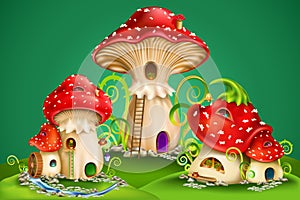 Fairy houses red mushrooms with water mill, golden bell and owls