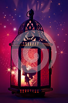 Fairy inside lantern with sparkling stars and purple and pink colors