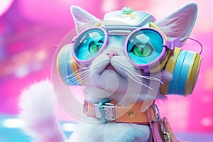 Fairy Kei cat in VR headset exploring virtual reality. AI