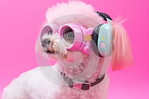 Fairy Kei-style dog immersed in virtual reality simulation with VR headset. AI