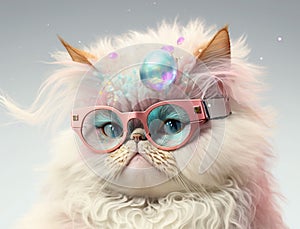 Fairy Kei style persian cat in fashionable design, wearing eyeglasses