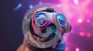 Fairy Kei style pug dog wearing a VR headset and experiencing virtual reality simulation, metaverse and cyberspace
