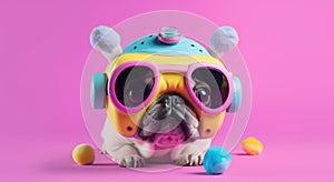 Fairy Kei style pug dog wearing a VR headset and experiencing virtual reality simulation, metaverse and cyberspace