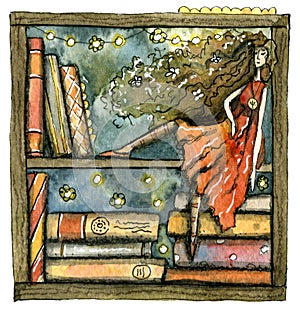 Fairy of knowledge and study with books, shelf and light.