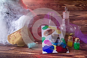 Fairy laboratory researching mushrooms. Glass flasks with different color liquid, chrystals, piece of paper with chemist formula