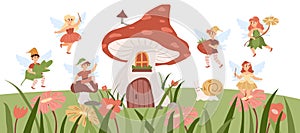 Fairy landscape with pixies flying around mushroom shaped house, cartoon vector illustration.