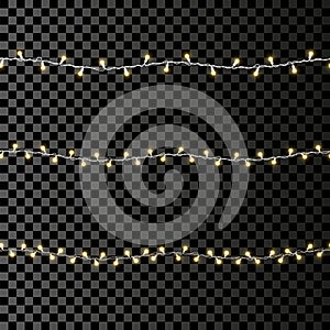 Fairy light 3D set. Led Christmas garland seamless pattern. Realistic gold design, isolated black transparent background