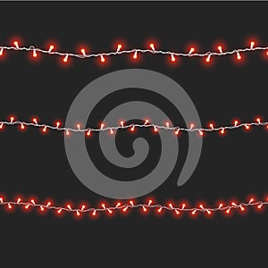 Fairy light 3D set. Led Christmas garland seamless pattern. Realistic red design, isolated black background. Hanging