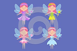 Fairy little princess with wings. Paper doll set. Different flower dress set. Hair decoration, magic wand. Cute cartoon kawaii