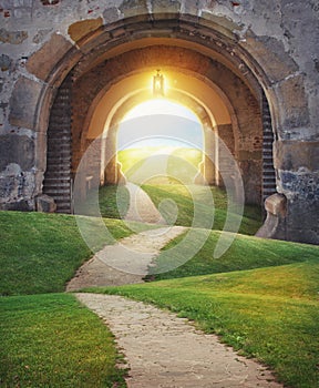 Fairy magic enchanted landscape with road and Mysterious gate entrance