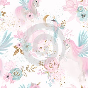 Fairy magical garden. Unicorn seamless pattern, pink, blue, gold flowers, leaves , birds and clouds. Kids room wallpaper