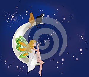 Fairy on moon with cats