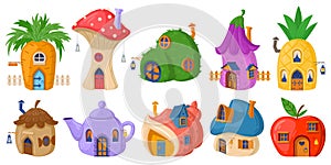 Fairy mushroom house, cartoon fairytale tiny forest house. Fairytale plants, gnomes or hobbit houses vector illustration set.