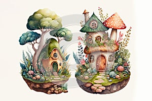 Fairy mushroom house, cartoon fairytale tiny forest house. Isolated on background. Cartoon watercolor illustration. Generative AI