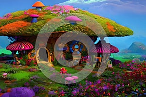 Fairy mushroom house, fantasy style. AI generated