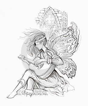Fairy of music. Fantasy portrait of beautiful girl from medieval legend playing guitar. Pencil drawing. Black and white photo