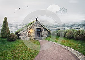 Fairy mystery house and fantasy castle in front of big moon in the sea