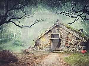 Fairy old stone house in fantasy forest with fog