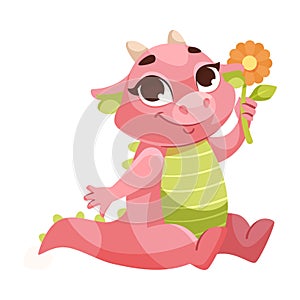 Fairy Pink Baby Dragon as Horned Legendary Creature Sit with Flower Vector Illustration