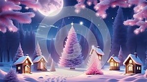 Fairy pink holiday background christmas landscape with trees and village at night