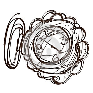 Fairy pocket watch black and white outline of a sketch. Illustration to the fairy tale Alice`s Adventures in Wonderland
