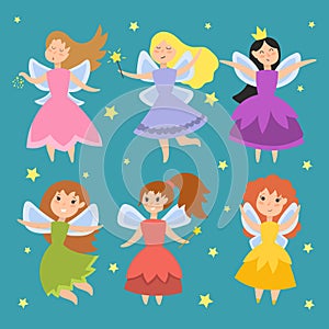 Fairy princess adorable characters Imagination beauty angel girls with wings vector illustration.