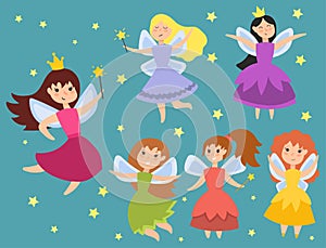 Fairy princess adorable characters Imagination beauty angel girls with wings vector illustration.