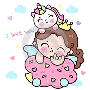 Fairy Princess baby and cute unicorn cartoon on candy cloud