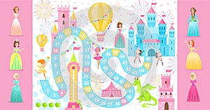 Fairy princess board game vector illustration, cartoon flat boardgame template with path road to medieval castle