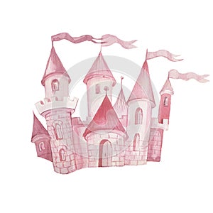 Fairy princess castle hand drawn watercolor illustration. Patern seamless set print textile background
