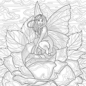 Fairy in a rose.Coloring book antistress for children and adults.