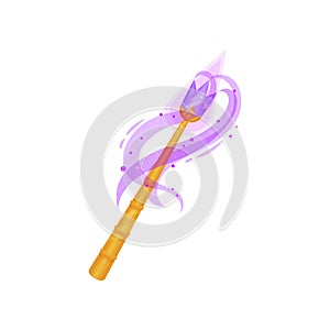 Fairy s magic wand purple dust. Golden stick with magical power. Witchcraft theme. Flat vector design