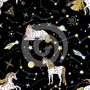 Fairy seamless pattern. Cosmic travel with starry unicorns on black background. Vector illustration for girls and kids