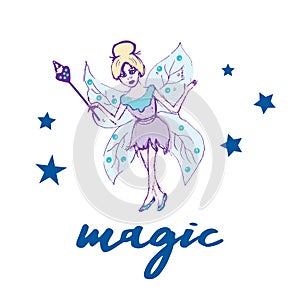 Fairy set. Beautiful girl in fying fairy costumes. Winged elf princesses in cartoon style. Vector illustration for kids and babies