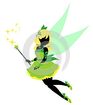 Fairy silhouette. Blonde hair and green dress. Pixie waving her magic wand. Hand drawn vector illustration. Isolated pn white