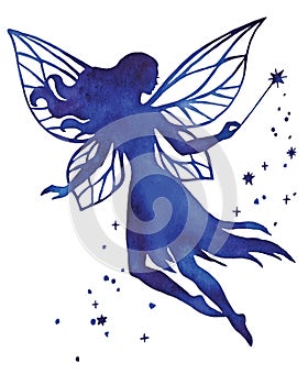 Fairy silhouette with magic wand, watercolor vector illustration